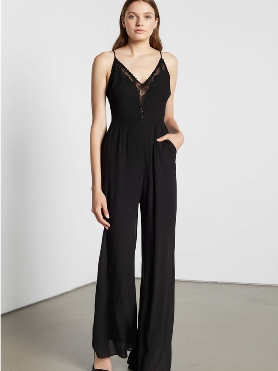Astr Pants - Astr Black Lace-Trim Wide-Leg Jumpsuit